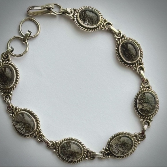 Natural Black Grey Needle RUTILE QUARTZ Sterling Silver 925 Bracelet New 7.5 - 8 - Picture 3 of 11
